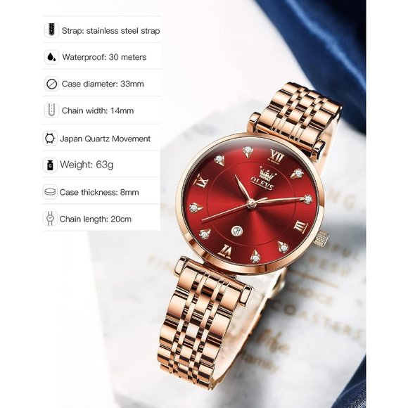 Women Rose Gold Stainless Steel Band Red Dial Quartz Small Face Waterproof Watch main image 8